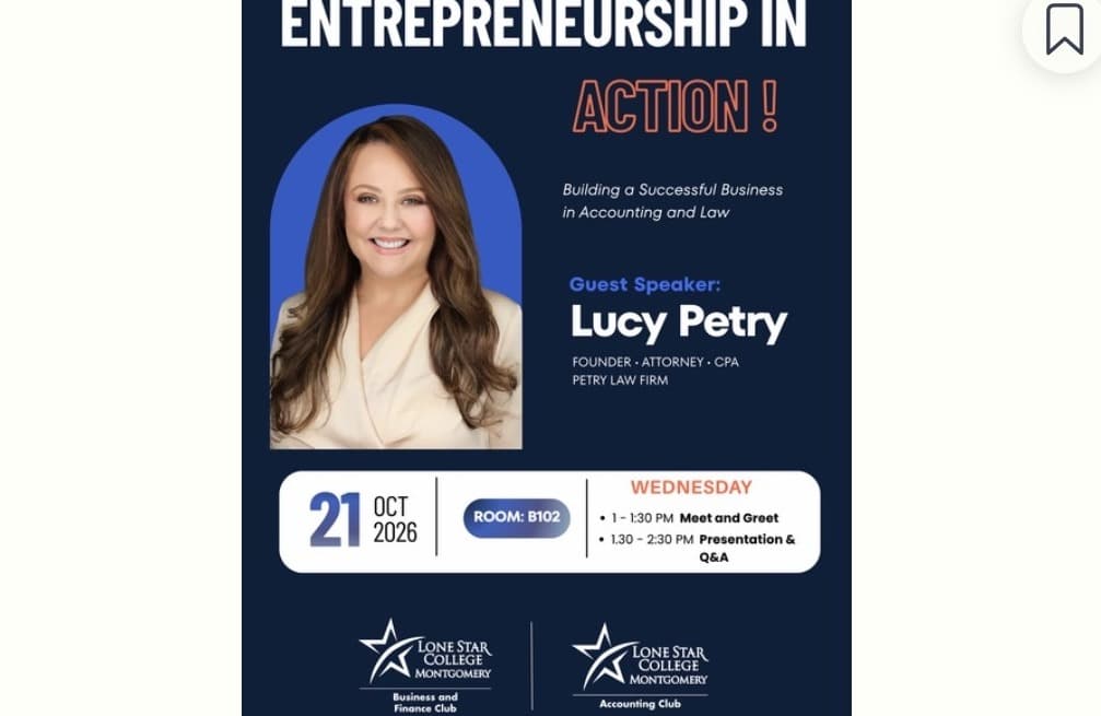 Entrepreneurship In Action flyer featuring guest speaker Lucy Petry